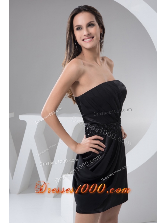 Black Mini Prom Holiday Dress with Ruches and Beaded Waist