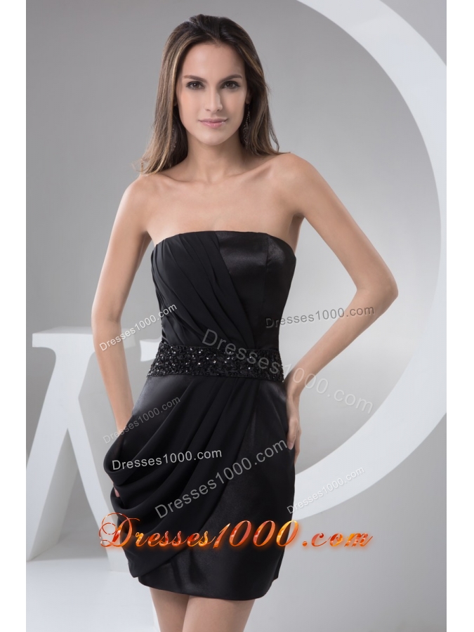 Black Mini Prom Holiday Dress with Ruches and Beaded Waist