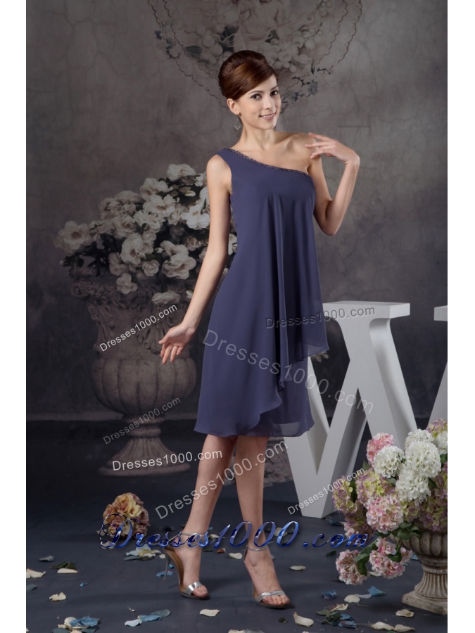 Beaded One Shoulder Navy Blue Column Mini Prom Evening Dress