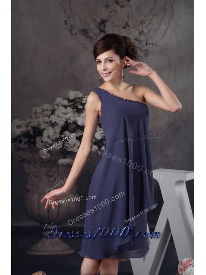 Beaded One Shoulder Navy Blue Column Mini Prom Evening Dress