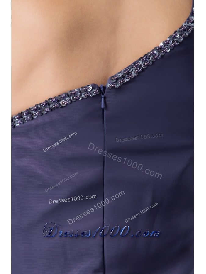 Beaded One Shoulder Navy Blue Column Mini Prom Evening Dress