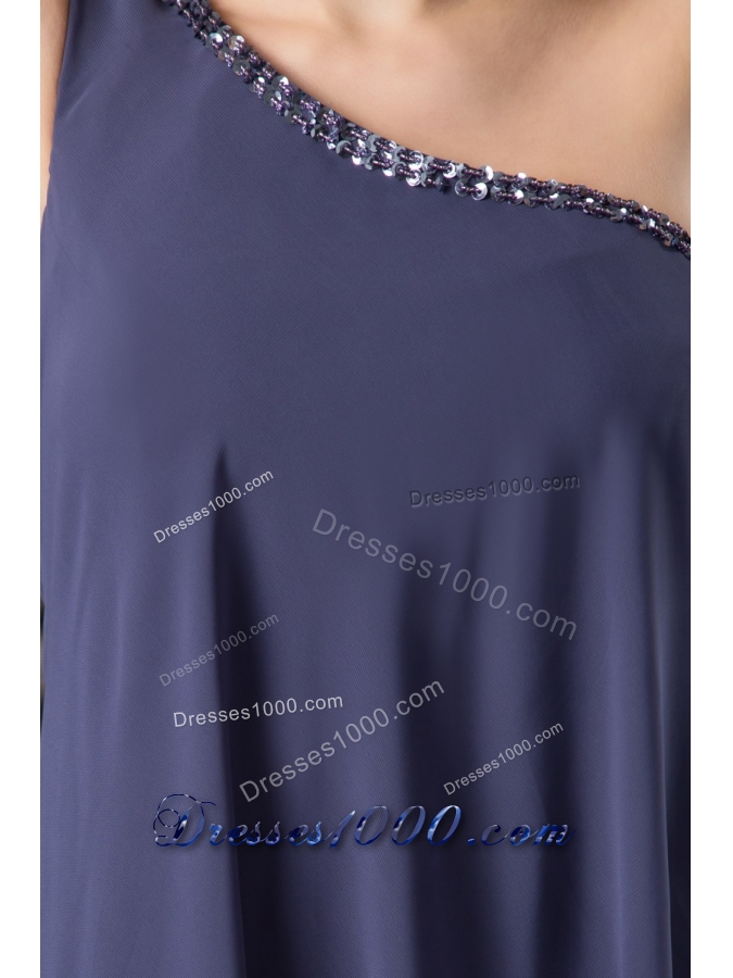 Beaded One Shoulder Navy Blue Column Mini Prom Evening Dress
