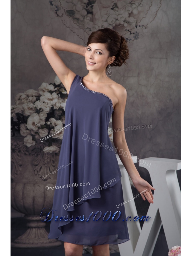 Beaded One Shoulder Navy Blue Column Mini Prom Evening Dress