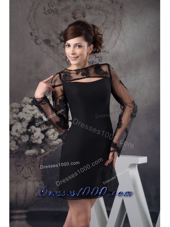 Black Chiffon and Lace Prom Evening Dress with Long Sleeves