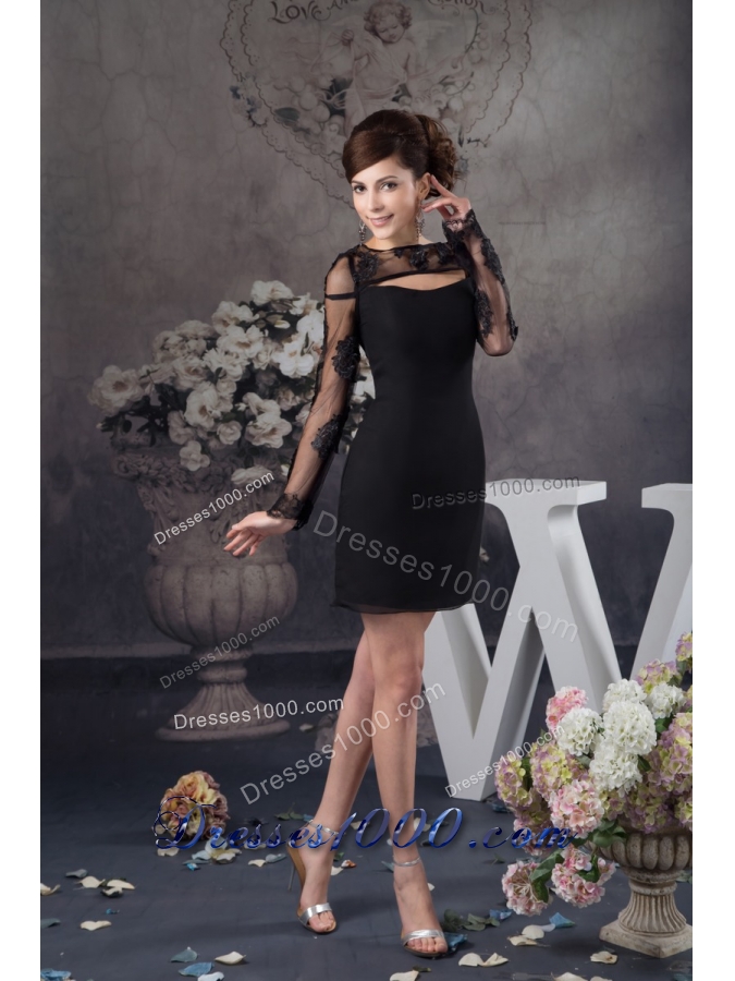 Black Chiffon and Lace Prom Evening Dress with Long Sleeves