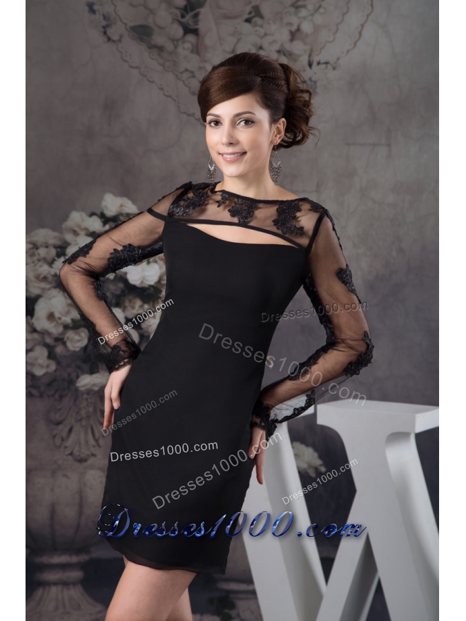 Black Chiffon and Lace Prom Evening Dress with Long Sleeves