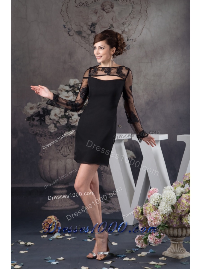 Black Chiffon and Lace Prom Evening Dress with Long Sleeves