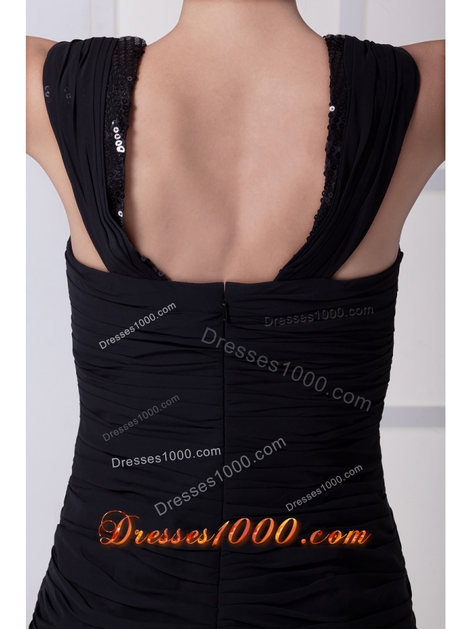 Black Wide Straps Sheath Prom Dress with Ruching and Paillettes