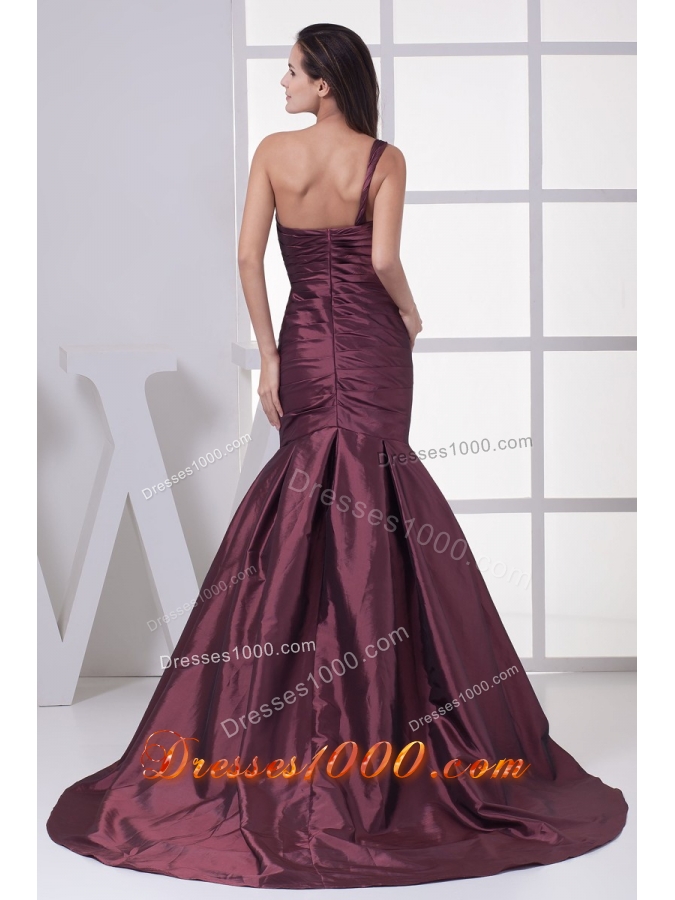 Burgundy One Shoulder Mermaid Ruched Brush Train Prom Graduation Dress