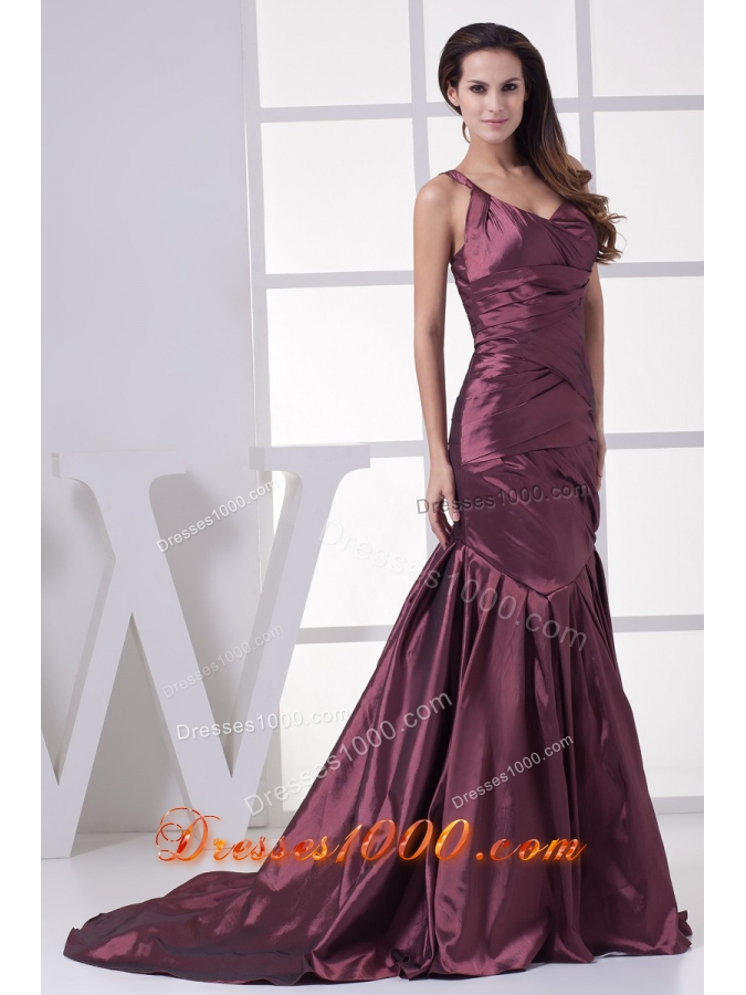 Burgundy One Shoulder Mermaid Ruched Brush Train Prom Graduation Dress