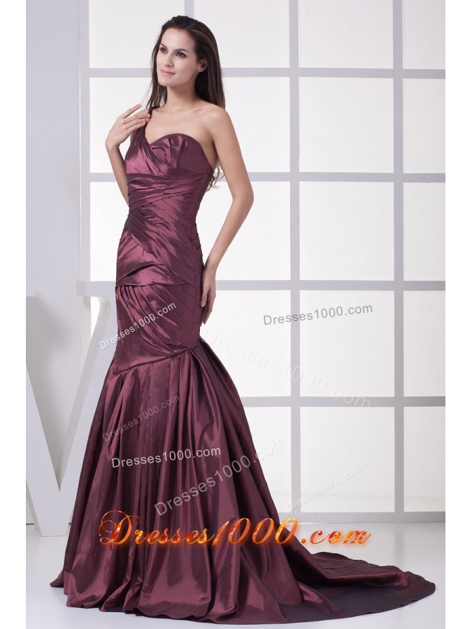 Burgundy One Shoulder Mermaid Ruched Brush Train Prom Graduation Dress