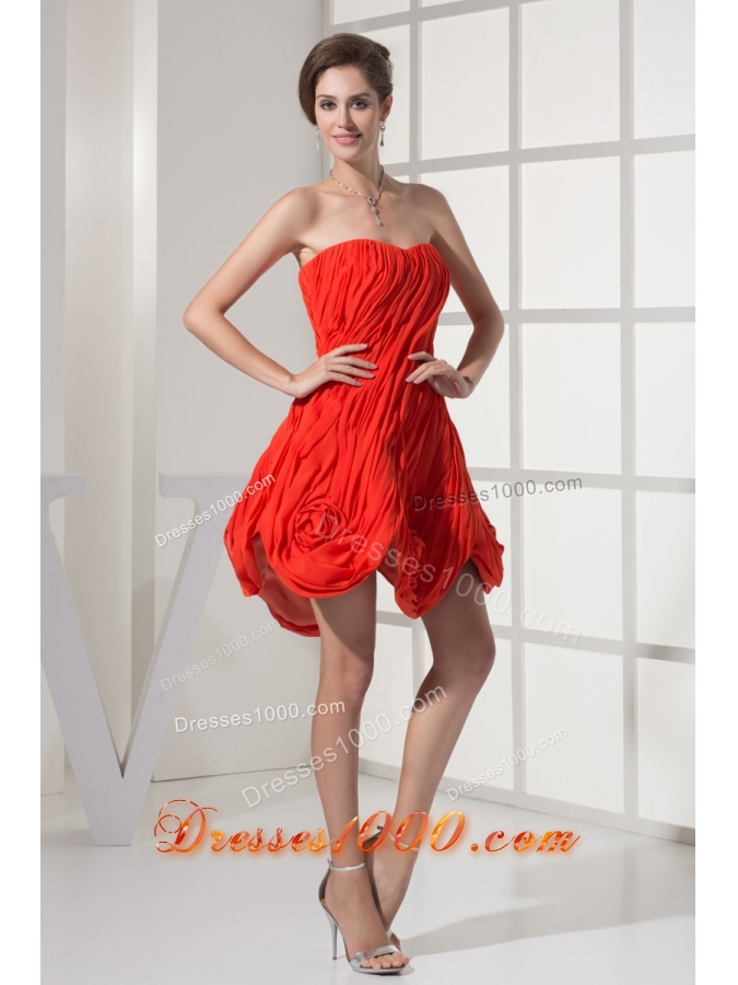 Flowers and Ruching Accent Mini-length Red Prom Homecoming Dress