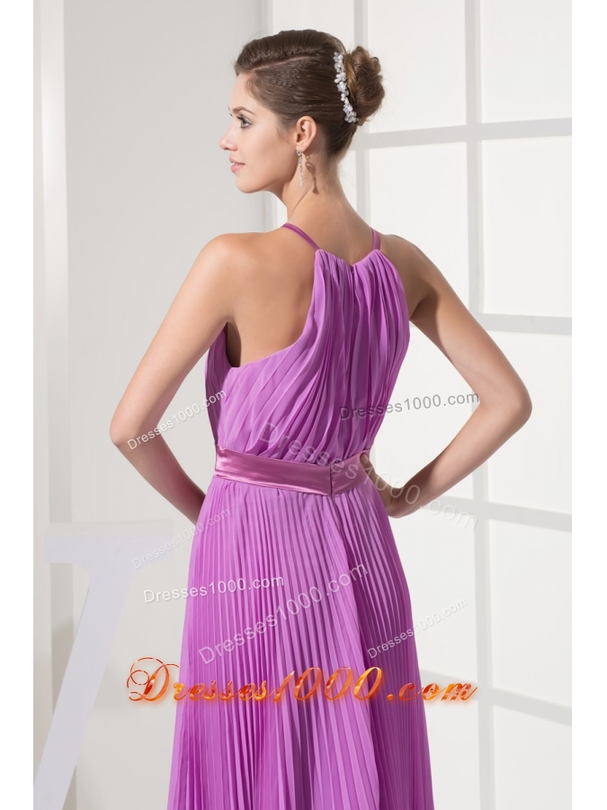 Pleating Decorated Halter Top Ankle-length Prom Dresses with Sash