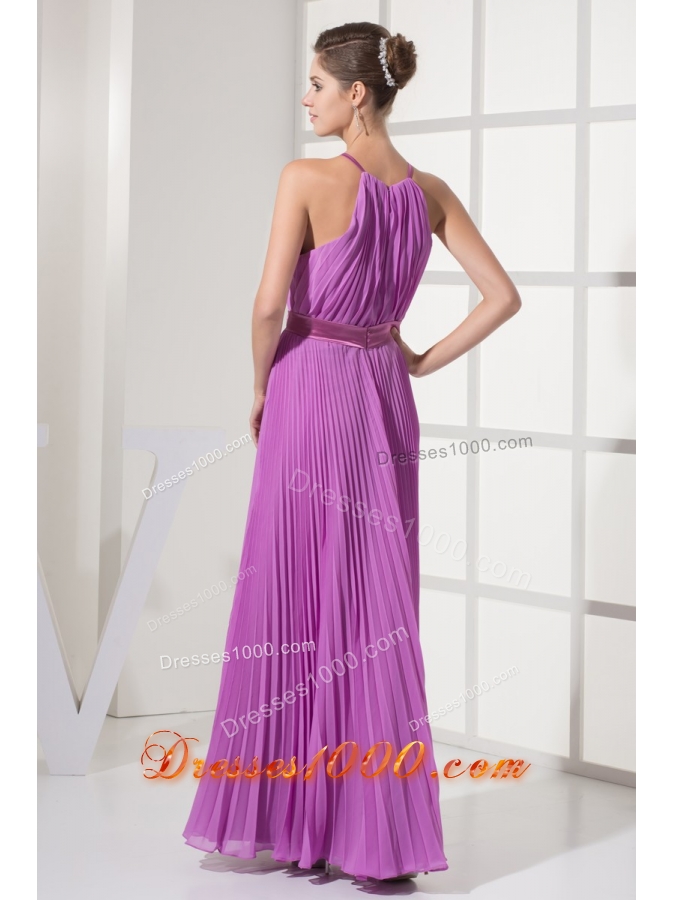 Pleating Decorated Halter Top Ankle-length Prom Dresses with Sash
