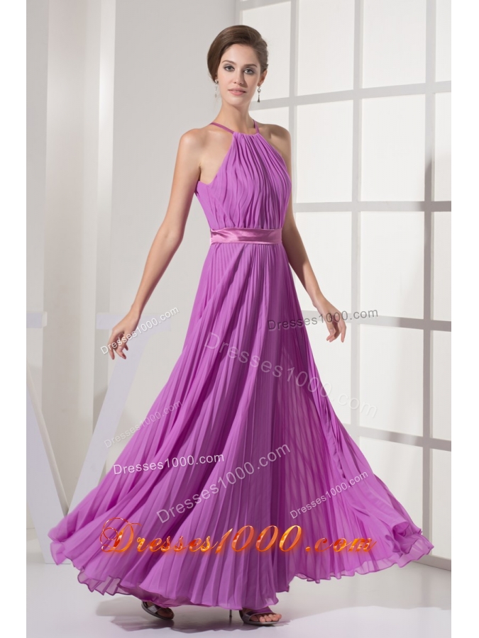 Pleating Decorated Halter Top Ankle-length Prom Dresses with Sash