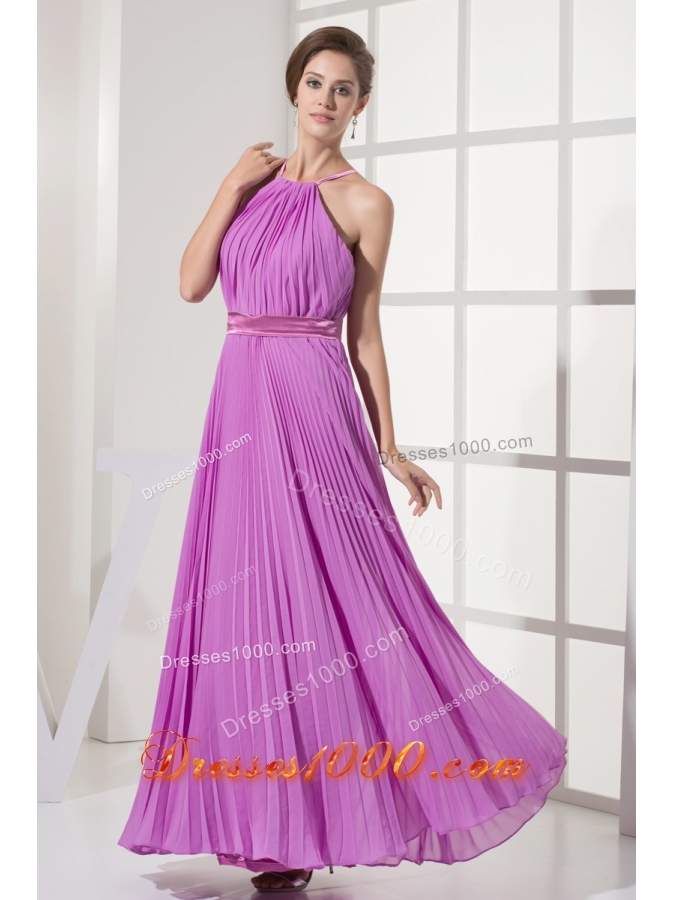 Pleating Decorated Halter Top Ankle-length Prom Dresses with Sash