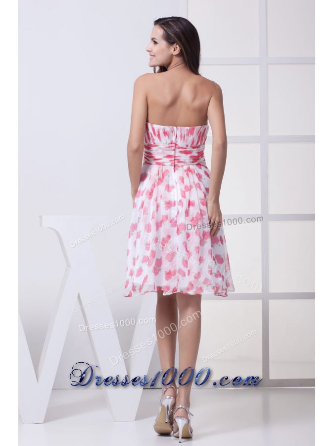 Ruched and Pleated Knee-length Printing Chiffon Prom Dresses Strapless