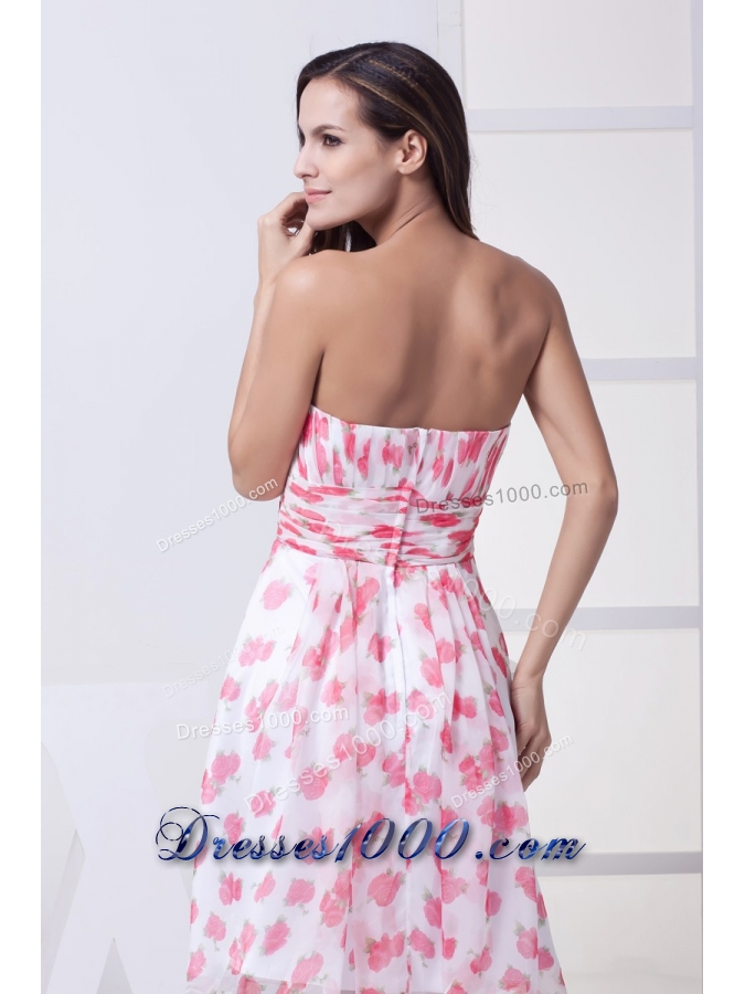 Ruched and Pleated Knee-length Printing Chiffon Prom Dresses Strapless
