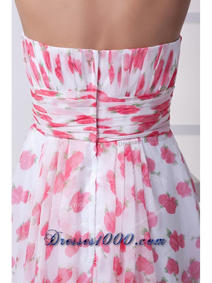 Ruched and Pleated Knee-length Printing Chiffon Prom Dresses Strapless