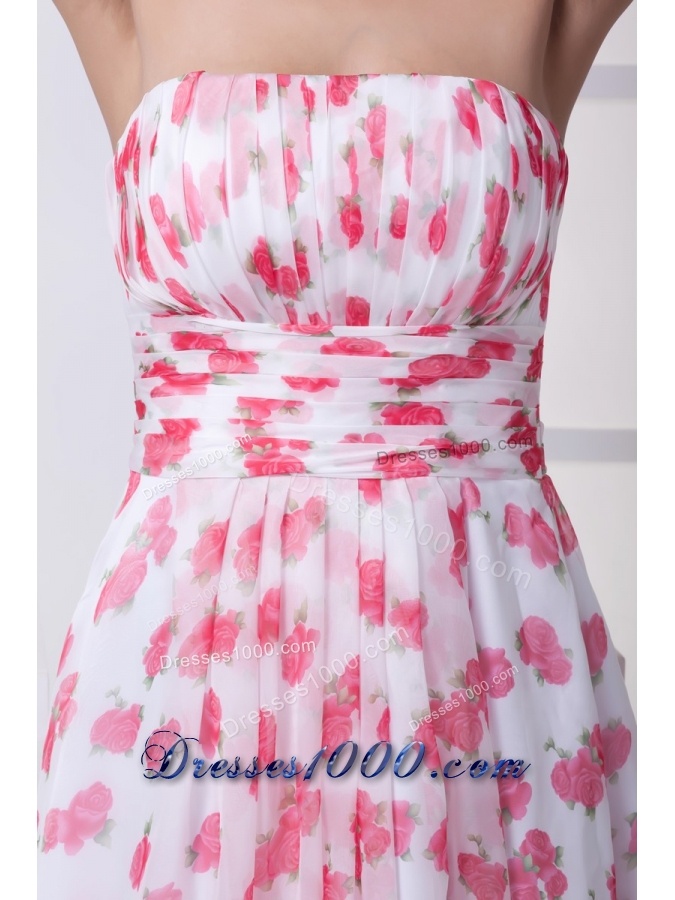 Ruched and Pleated Knee-length Printing Chiffon Prom Dresses Strapless