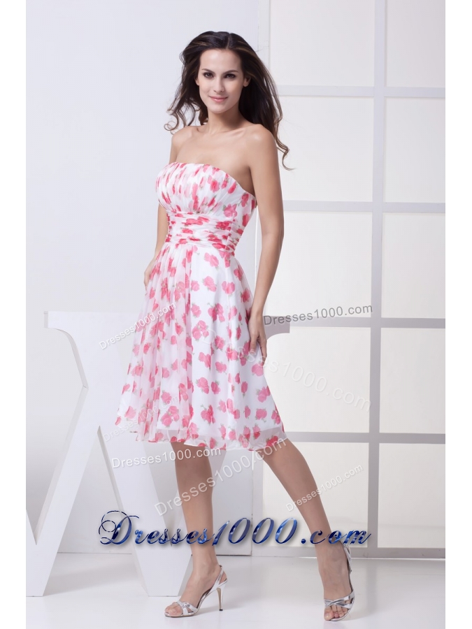 Ruched and Pleated Knee-length Printing Chiffon Prom Dresses Strapless