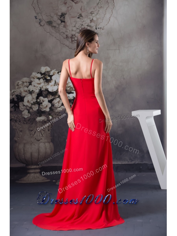 Column Sweep Train Red Prom Dress with Beading for Party