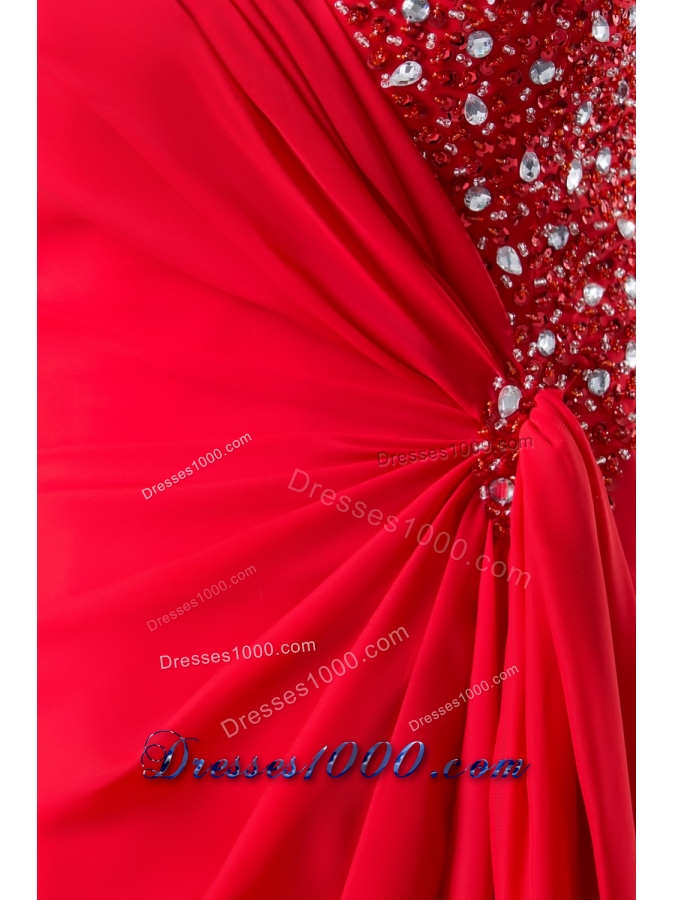 Column Sweep Train Red Prom Dress with Beading for Party