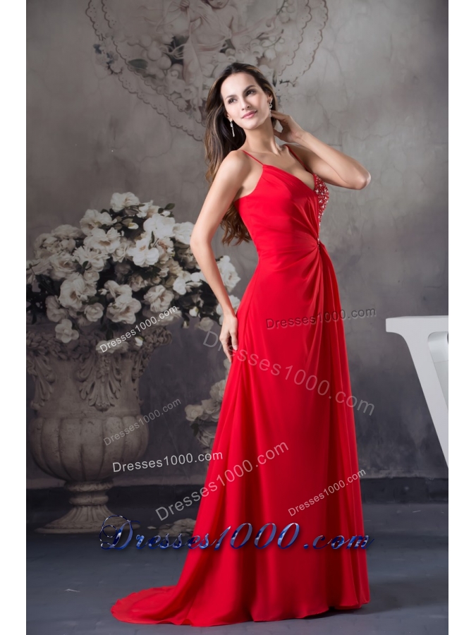 Column Sweep Train Red Prom Dress with Beading for Party