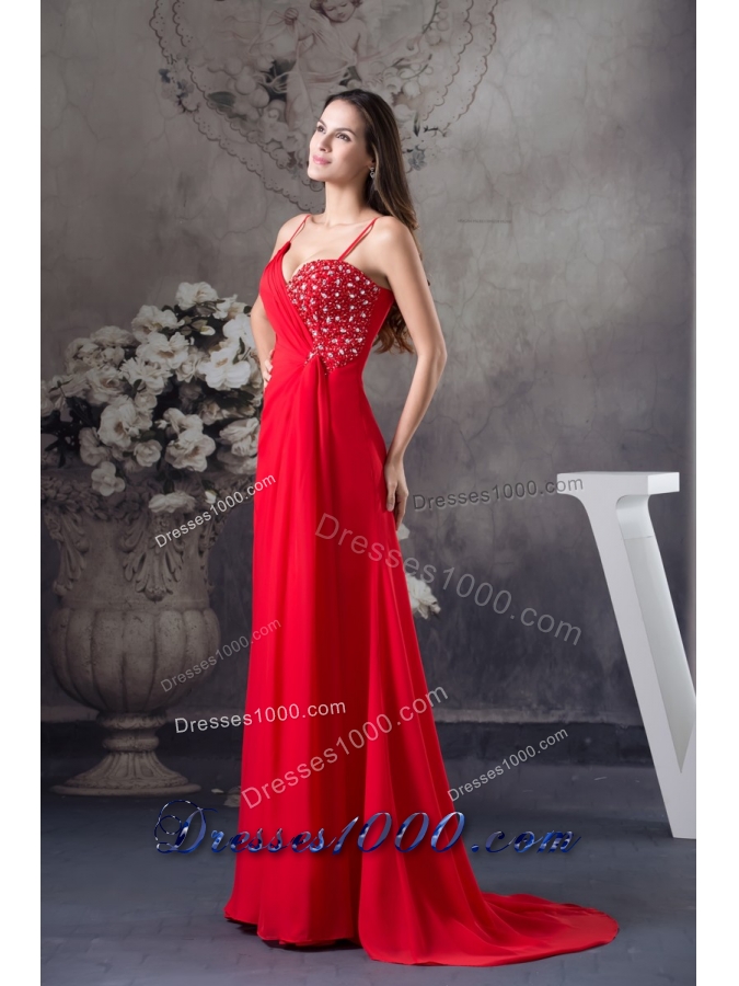 Column Sweep Train Red Prom Dress with Beading for Party