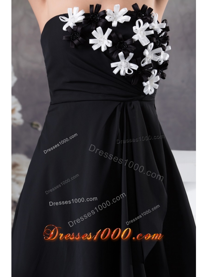 Hand Made Flowers Decorated Strapless Prom Dress in Black