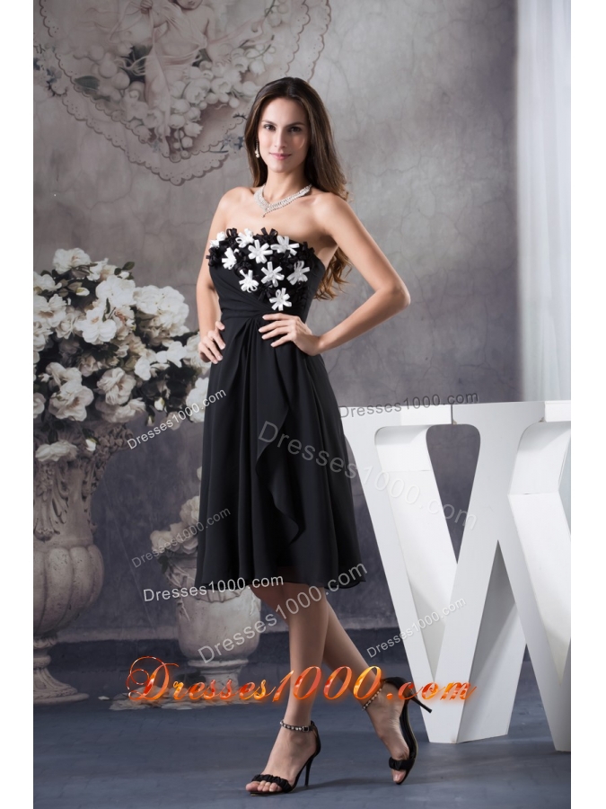 Hand Made Flowers Decorated Strapless Prom Dress in Black