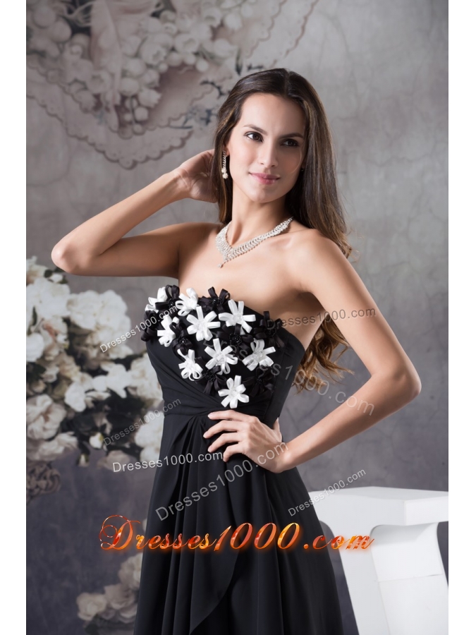 Hand Made Flowers Decorated Strapless Prom Dress in Black