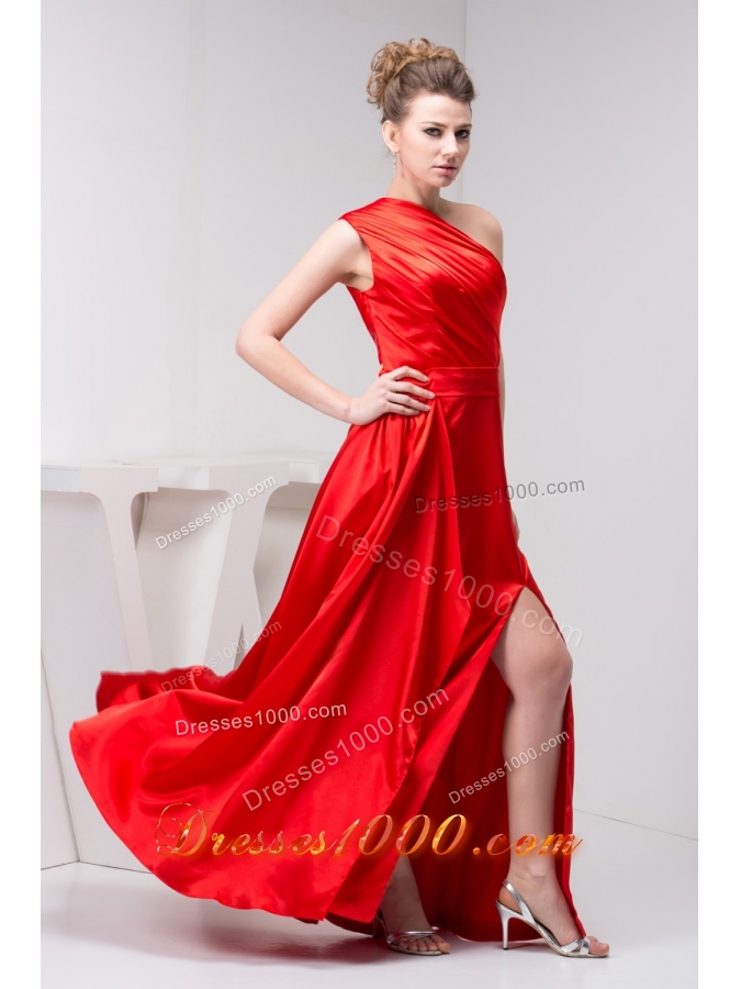 Low Price One Shoulder Red Slitted Ruched Prom Dress Floor-length