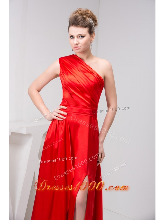 Low Price One Shoulder Red Slitted Ruched Prom Dress Floor-length