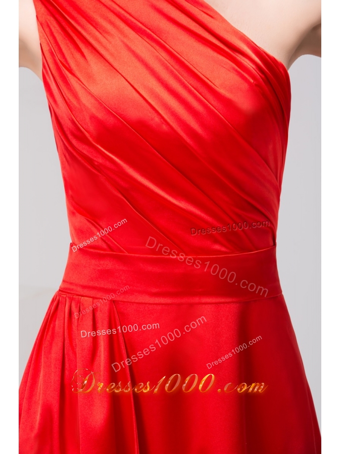 Low Price One Shoulder Red Slitted Ruched Prom Dress Floor-length