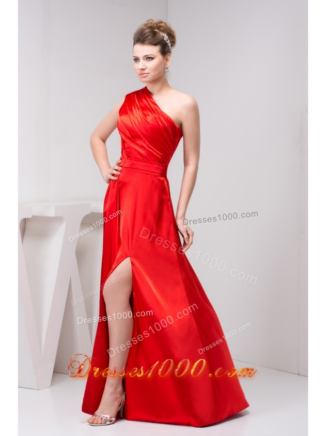 Low Price One Shoulder Red Slitted Ruched Prom Dress Floor-length