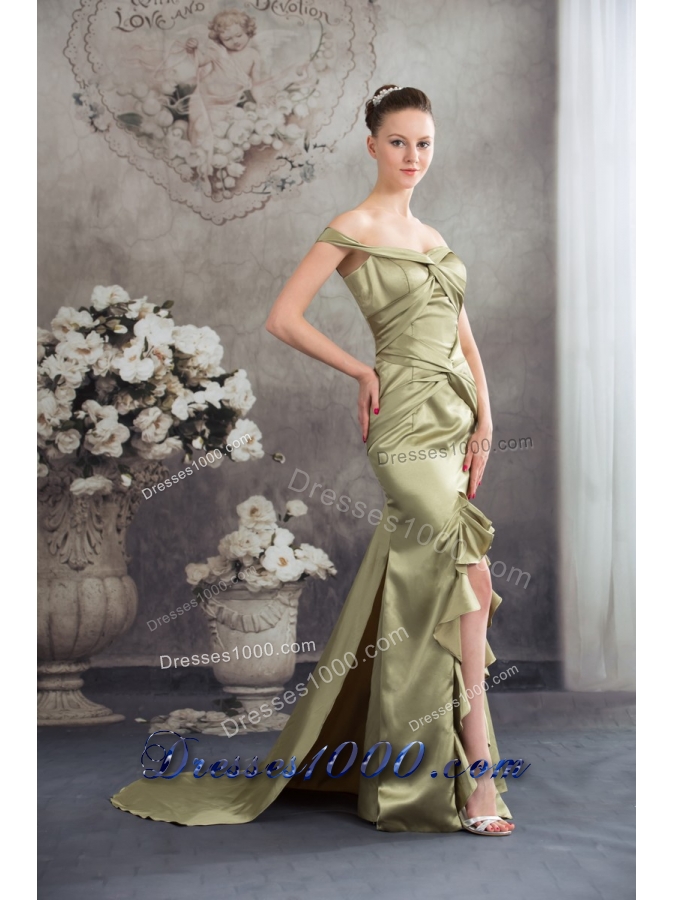 Off-the-shoulder Olivaceous High-low Flounced Prom Formal Dress