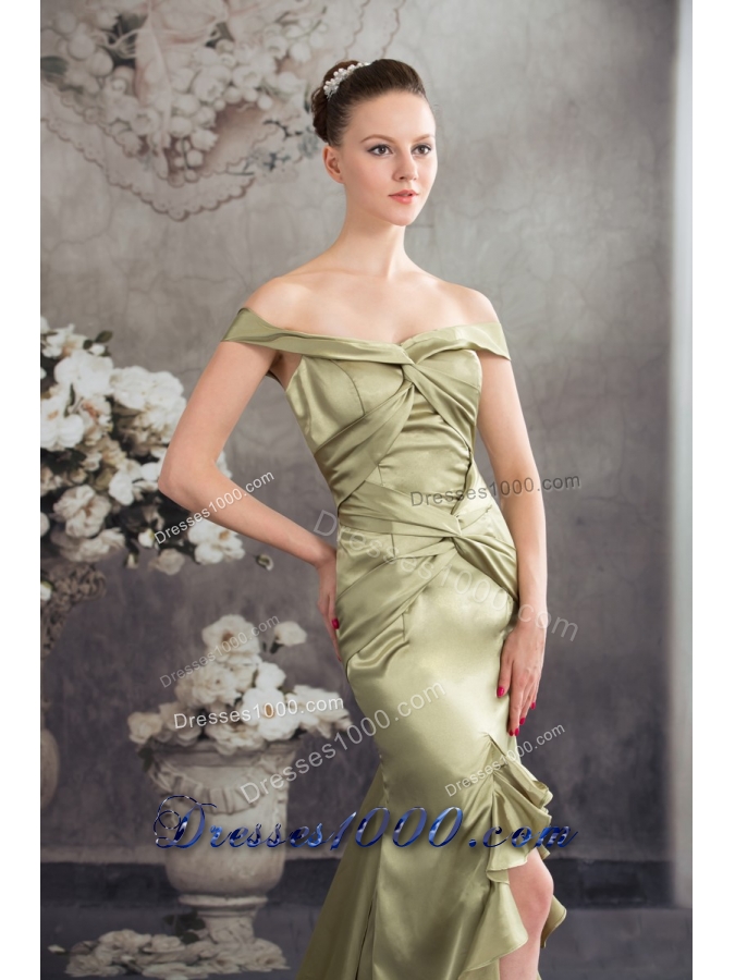 Off-the-shoulder Olivaceous High-low Flounced Prom Formal Dress