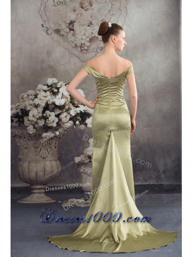 Off-the-shoulder Olivaceous High-low Flounced Prom Formal Dress