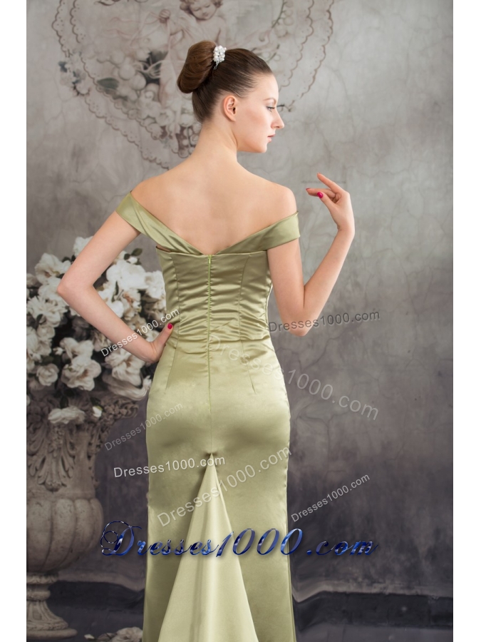 Off-the-shoulder Olivaceous High-low Flounced Prom Formal Dress