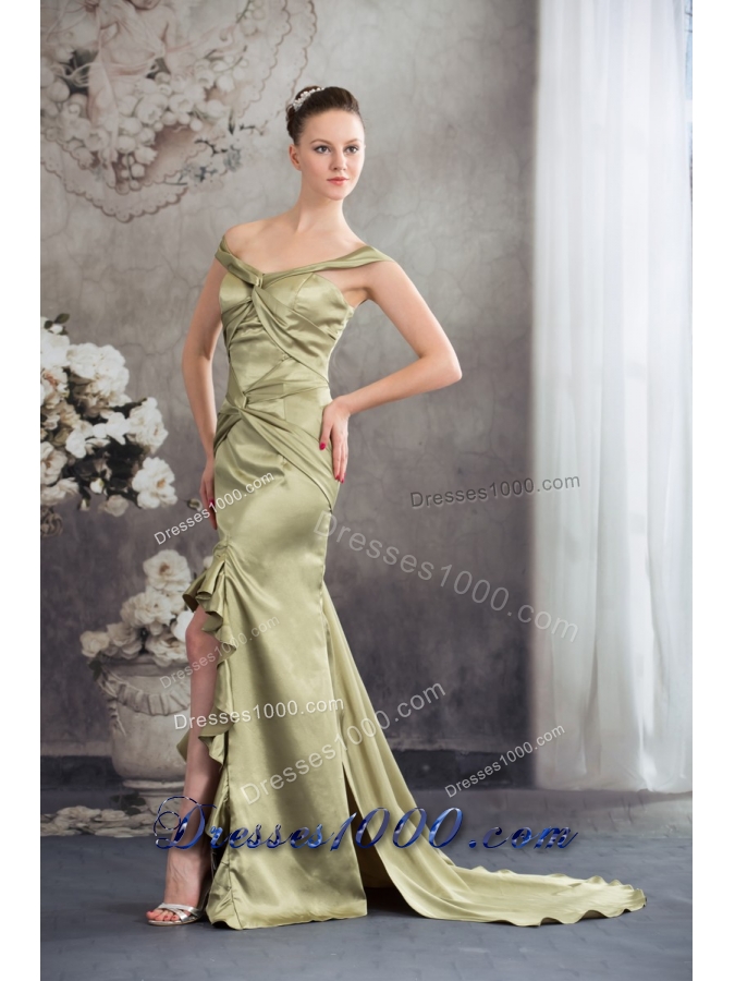 Off-the-shoulder Olivaceous High-low Flounced Prom Formal Dress