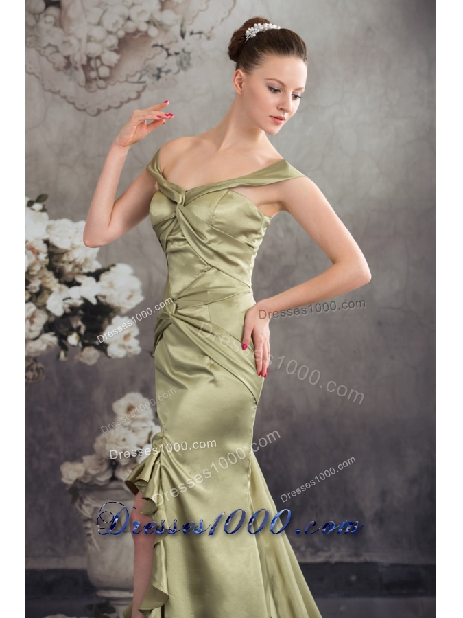 Off-the-shoulder Olivaceous High-low Flounced Prom Formal Dress