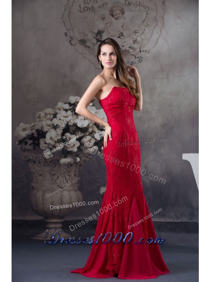 Strapless Beaded Lace Accent Floor-length Red Prom Formal Dress