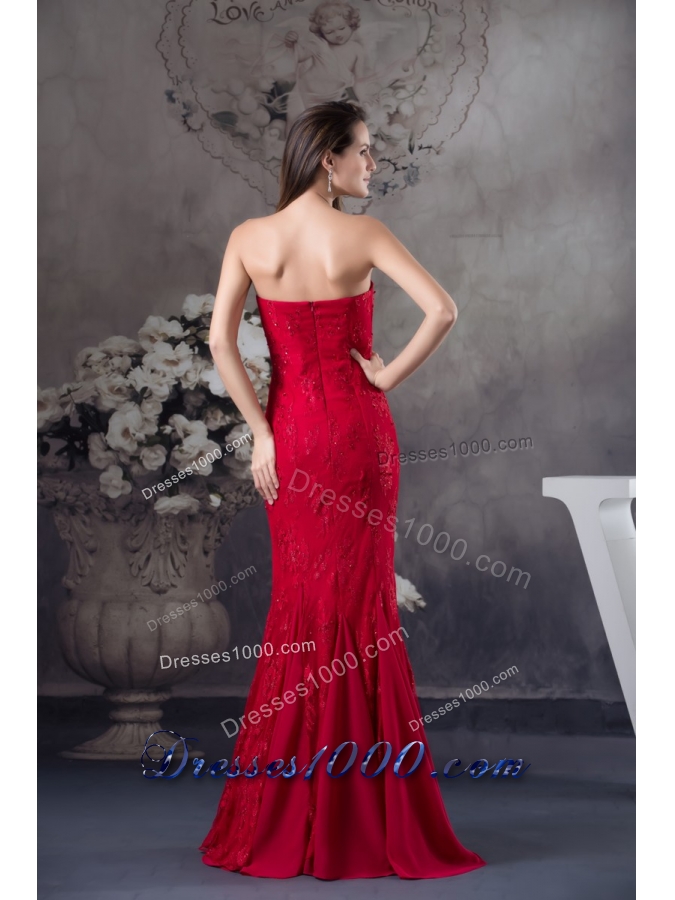 Strapless Beaded Lace Accent Floor-length Red Prom Formal Dress