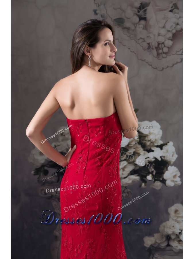 Strapless Beaded Lace Accent Floor-length Red Prom Formal Dress