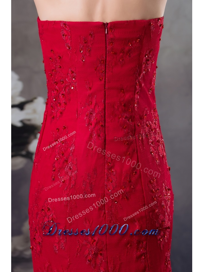 Strapless Beaded Lace Accent Floor-length Red Prom Formal Dress