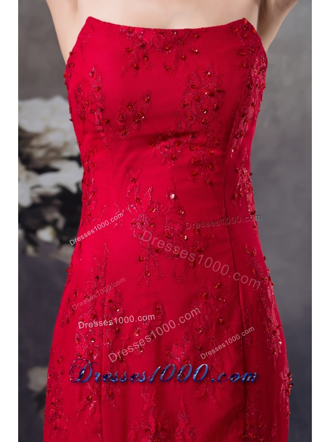 Strapless Beaded Lace Accent Floor-length Red Prom Formal Dress