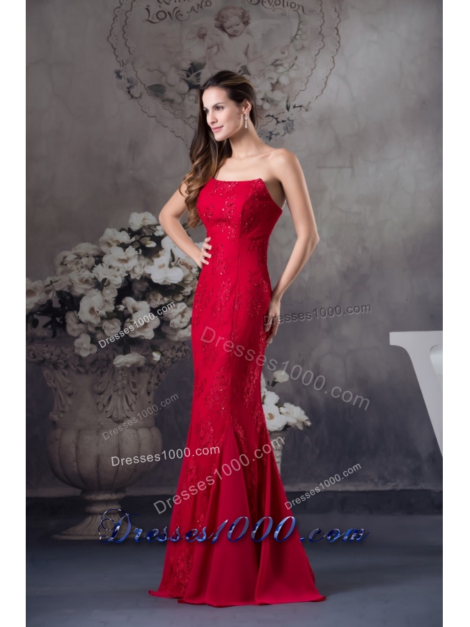 Strapless Beaded Lace Accent Floor-length Red Prom Formal Dress