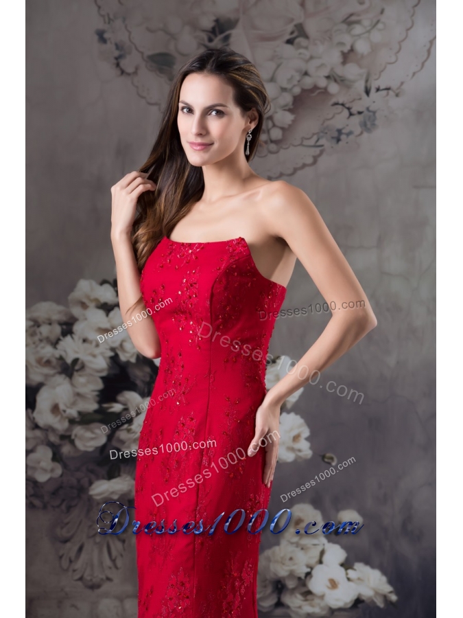 Strapless Beaded Lace Accent Floor-length Red Prom Formal Dress