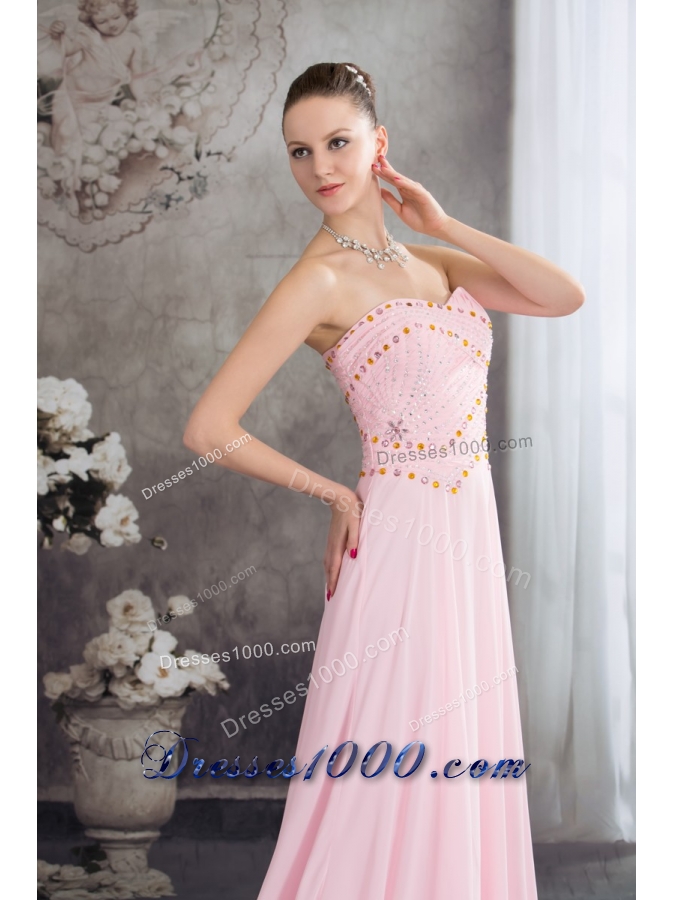 Sweetheart Court Train Pink Chiffon Prom Celebrity Dress with Beading